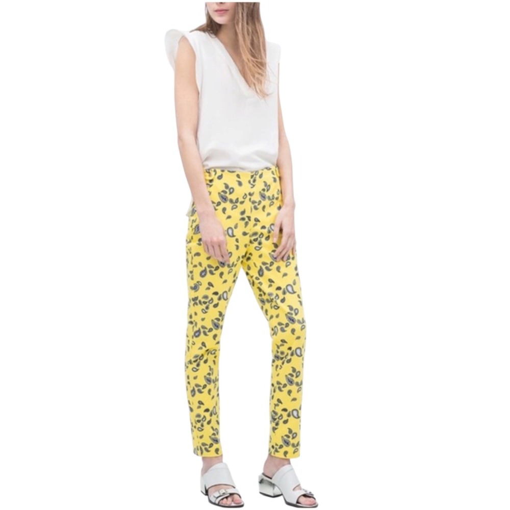 Zara Bright Bohemian Yellow Paisley Slim Ankle Trousers Navy Blue Print Size 4